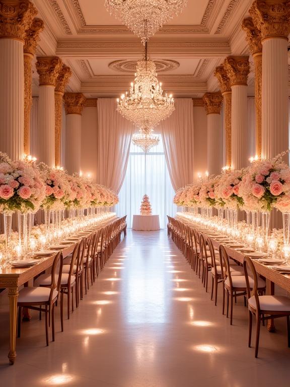 Prachtvoll für eine Hochzeit dekorierter Ballsaal.