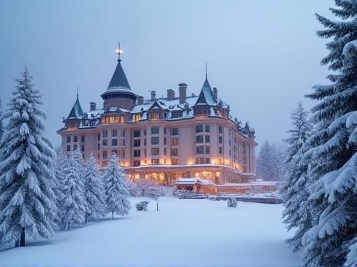 Das Hotel umgeben von einer dicken Schneedecke im Winter.