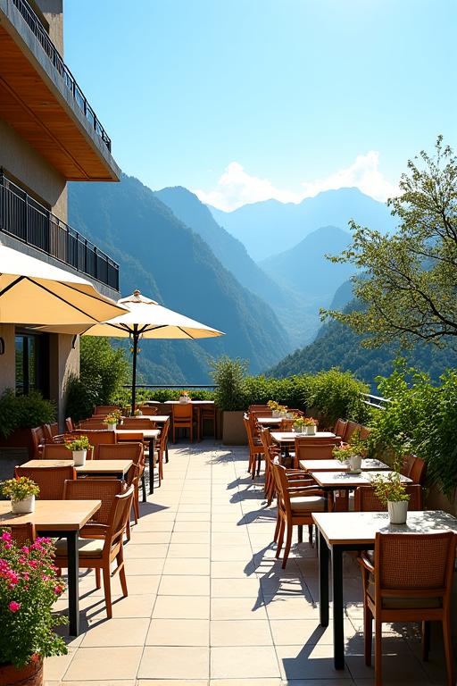 Sonnige Hotelterrasse im Sommer mit Blick auf die Berge.
